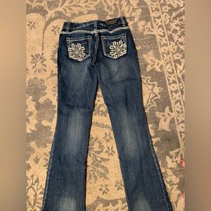 Rock & Roll Cowgirl Dark Blue Boot Cut Jeans with Embroidered Pockets